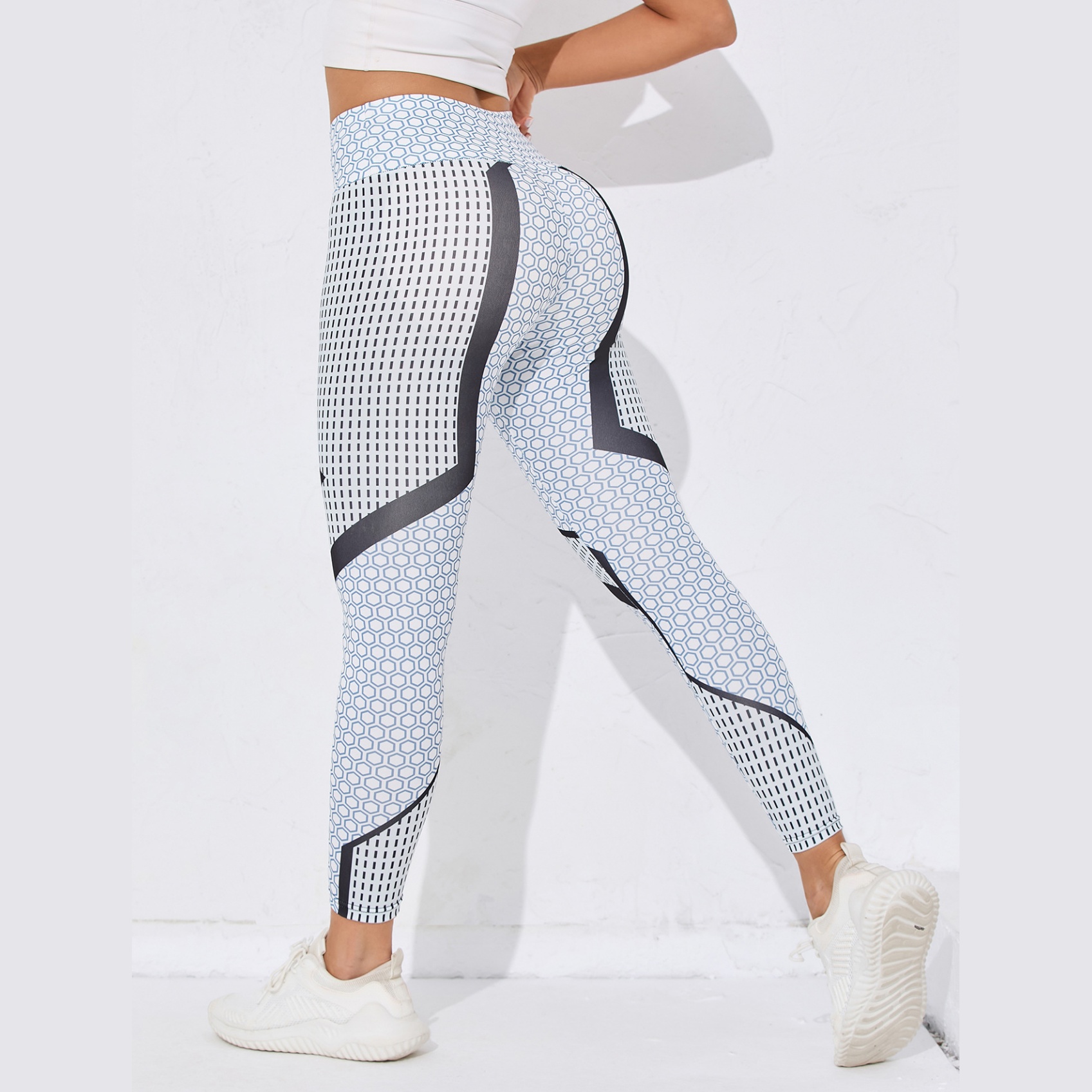 Womens High Waist Geometric Print Workout Leggings with Honeycomb Pattern